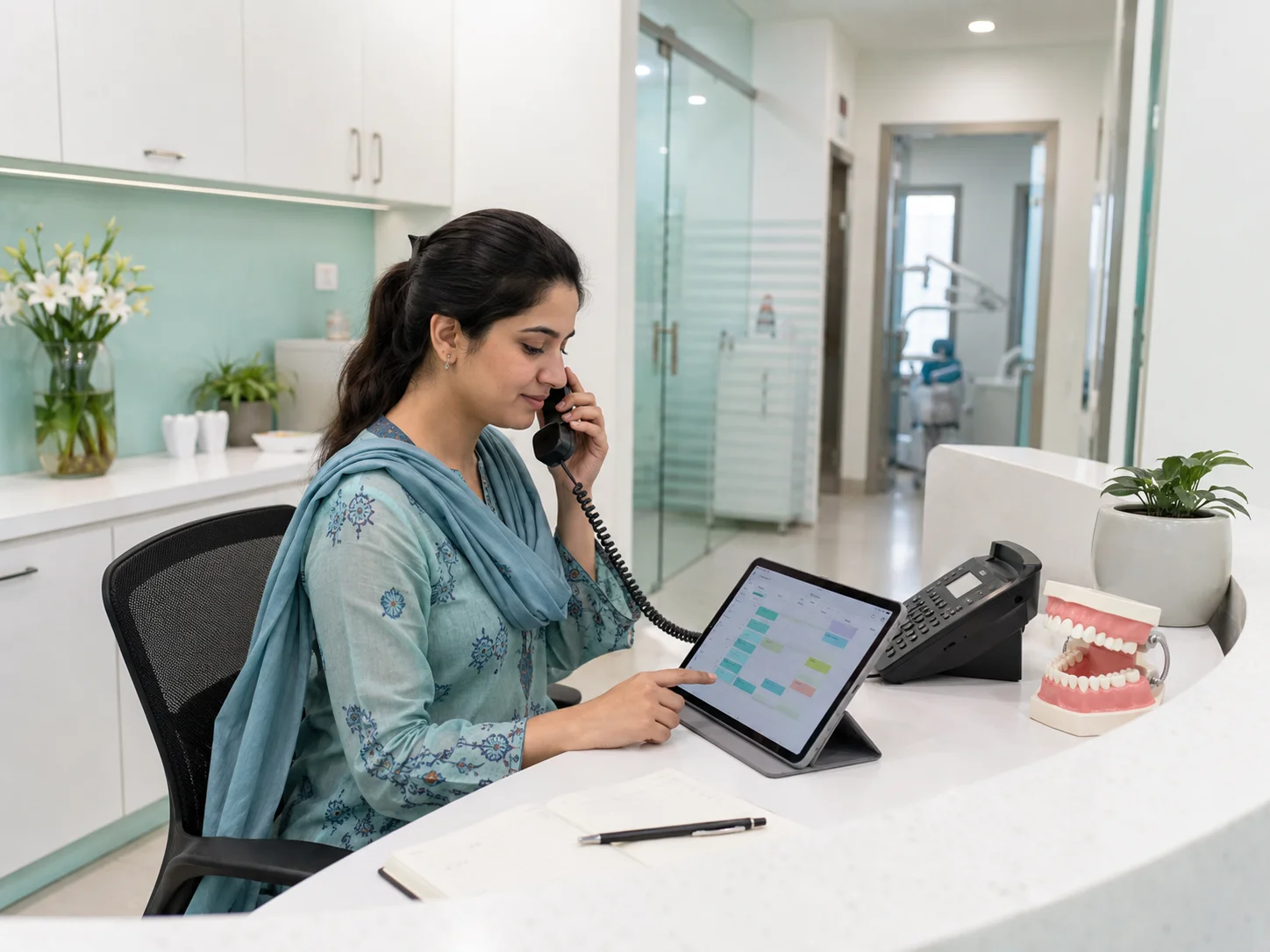 Dental clinic receptionist handling a phone call and reviewing the appointment calendar