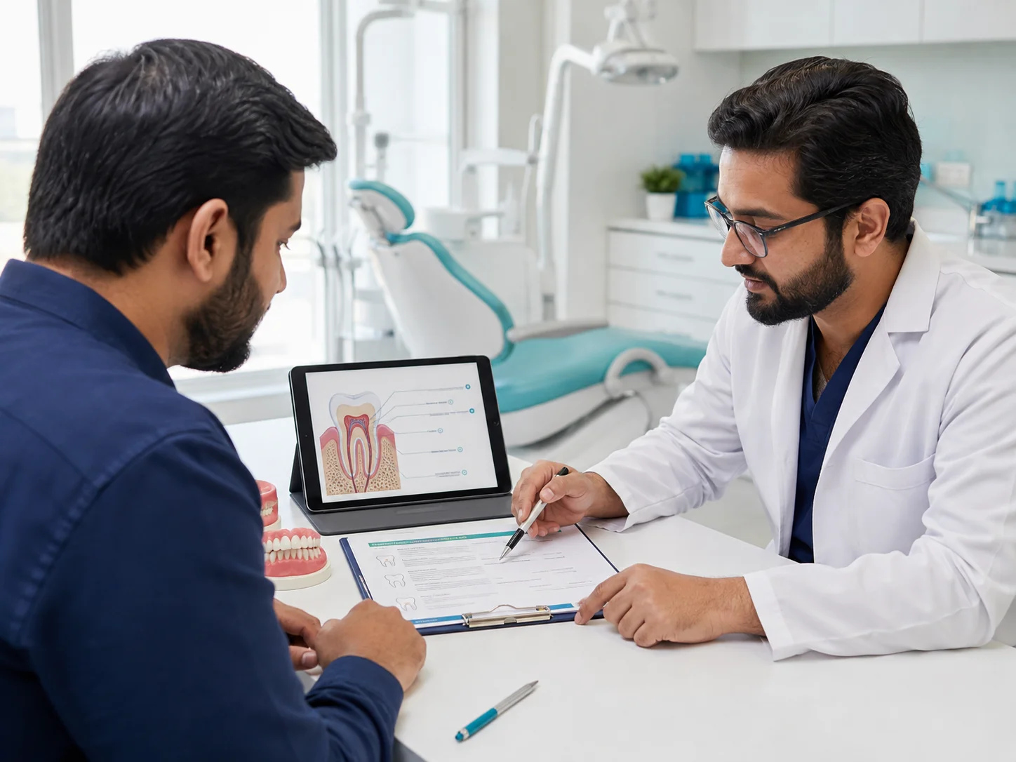 Parent participating in a child's dental consultation before treatment