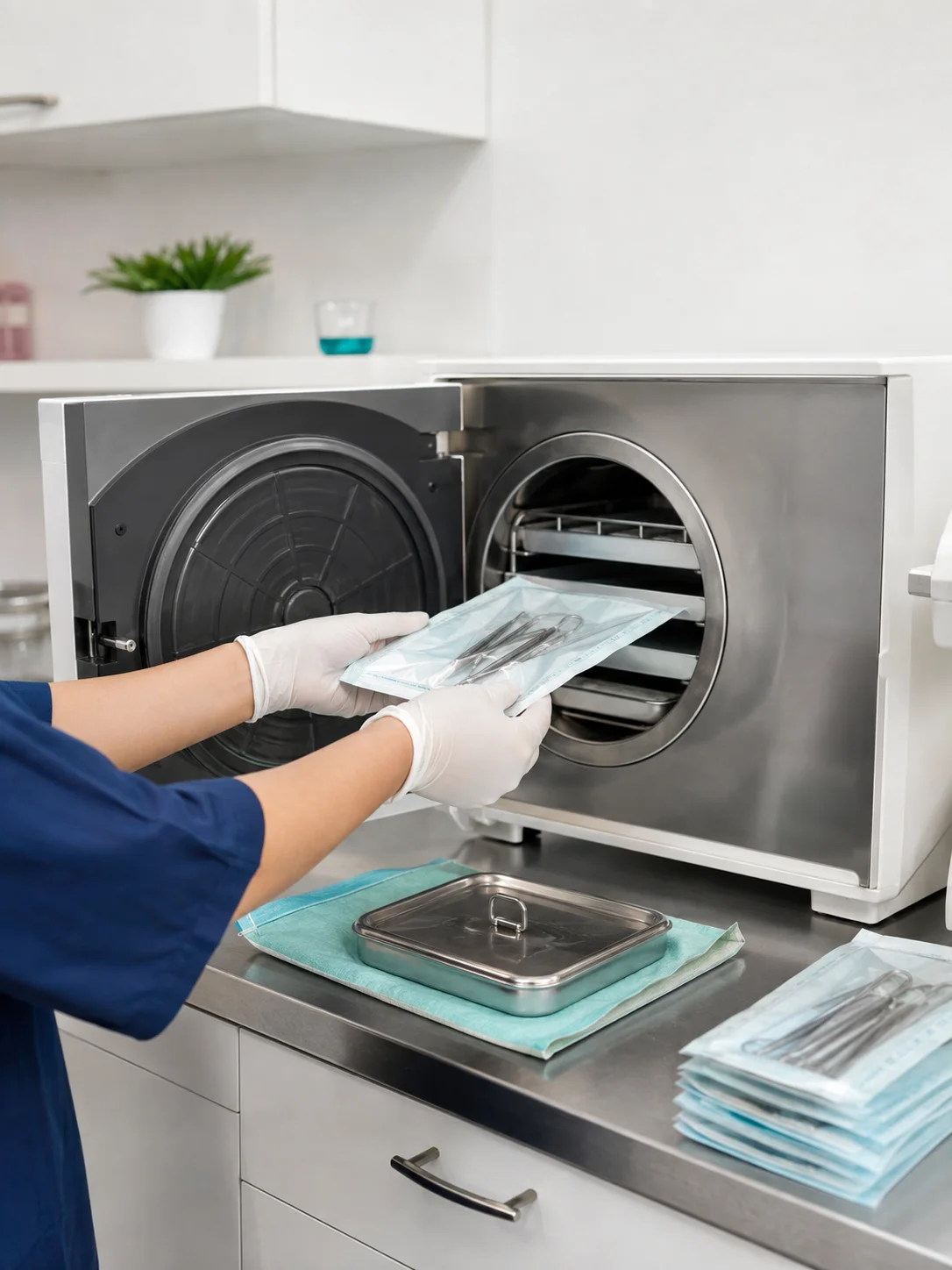 Sealed dental instruments being prepared for heat-based sterilization