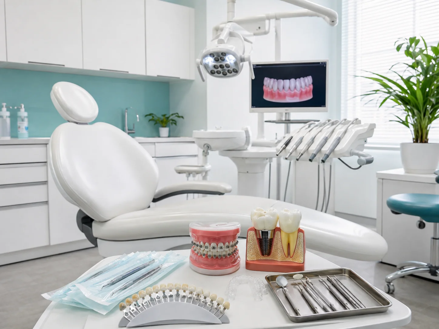 Modern dental treatment room with dental chair, orthodontic model, implant model and professional dental equipment