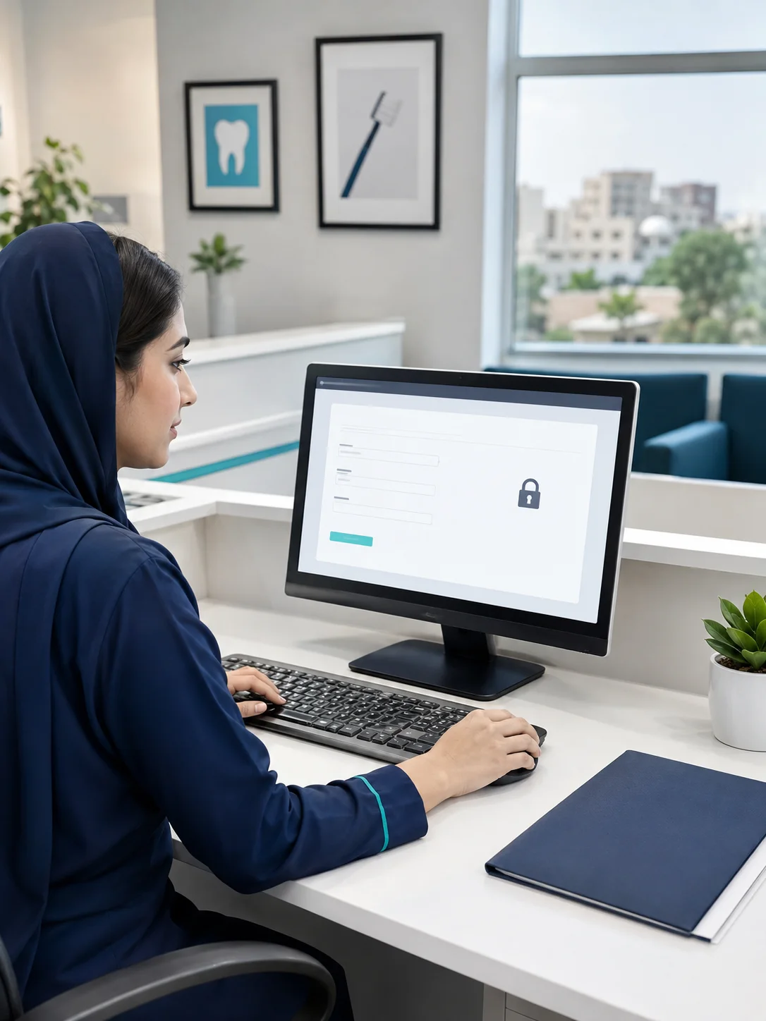 Dental receptionist handling an online appointment request on a secure clinic computer