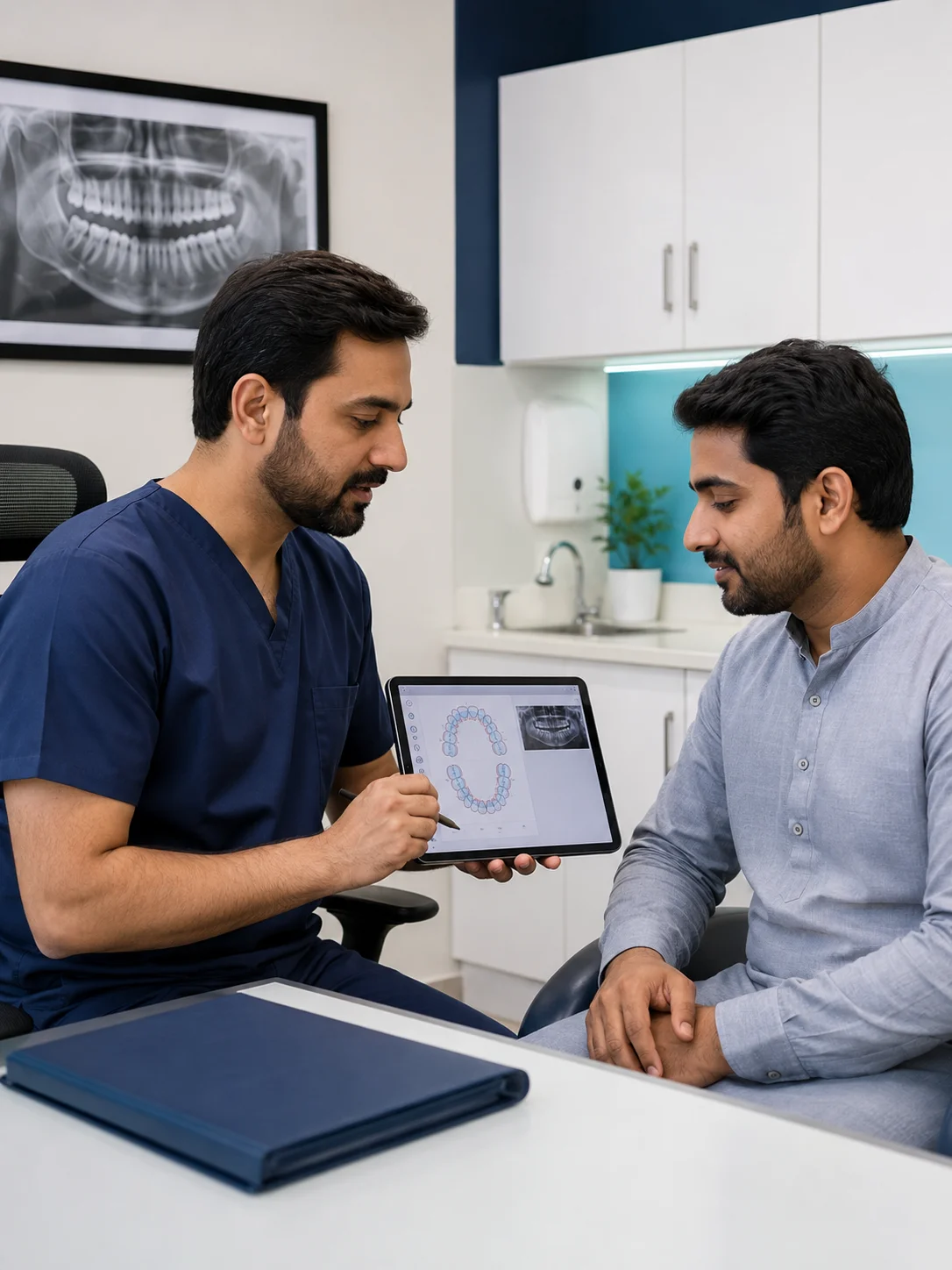 Dentist privately reviewing a dental record with a patient during consultation