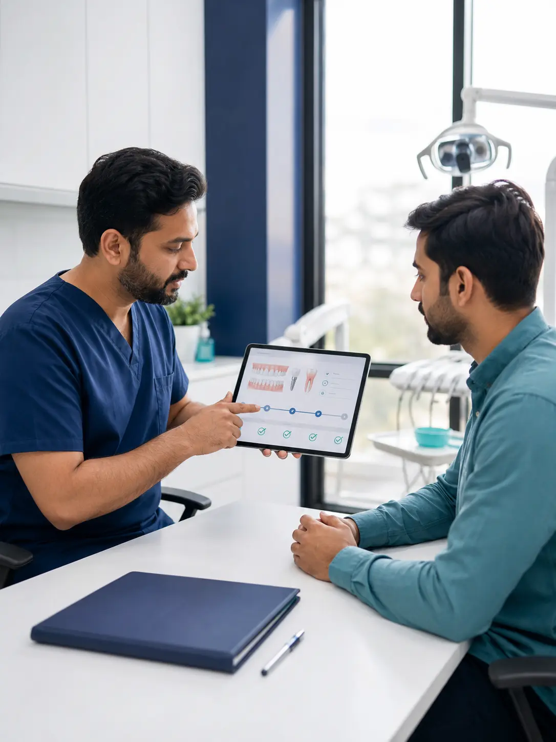 Dentist explaining a treatment plan and payment schedule to a patient