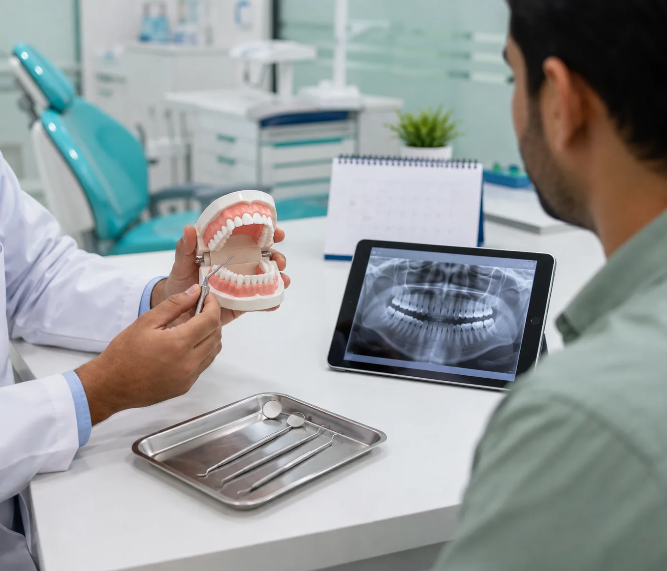 Dentist explaining a dental treatment using a jaw model during a patient consultation